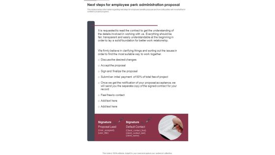 Next Steps For Employee Perk Administration Proposal One Pager Sample Example Document Next Steps For Employee Perk Administration Proposal One Pager Sample Example Document