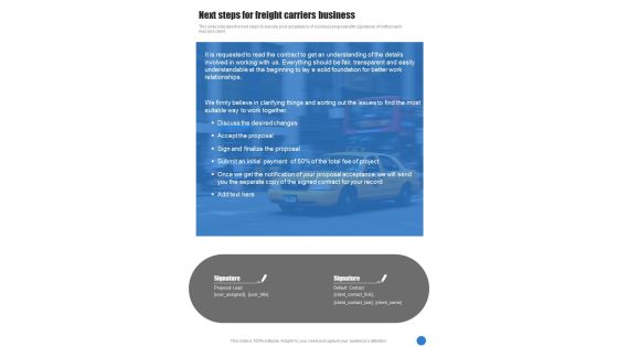 Next Steps For Freight Carriers Business One Pager Sample Example Document
