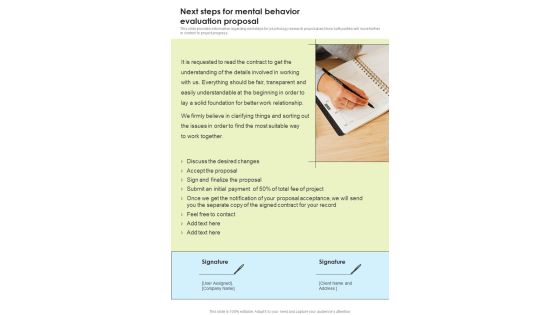 Next Steps For Mental Behavior Evaluation Proposal One Pager Sample Example Document Next Steps For Mental Behavior Evaluation Proposal One Pager Sample Example Document