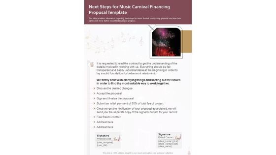 Next Steps For Music Carnival Financing Proposal Template One Pager Sample Example Document Next Steps For Music Carnival Financing Proposal Template One Pager Sample Example Document