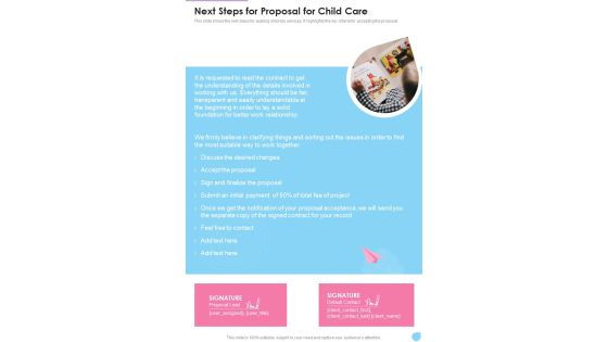 Next Steps For Proposal For Child Care One Pager Sample Example Document Next Steps For Proposal For Child Care One Pager Sample Example Document