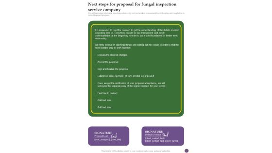 Next Steps For Proposal For Fungal Inspection Service Company One Pager Sample Example Document