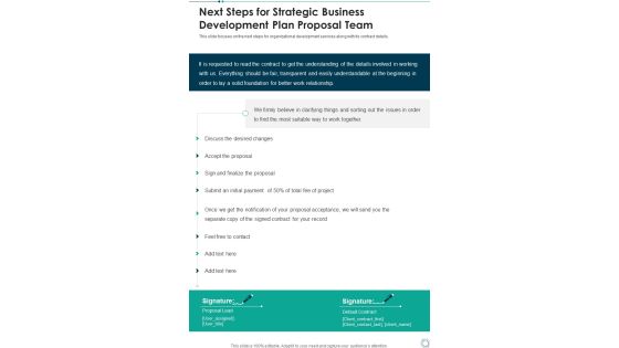 Next Steps For Strategic Business Development Plan Proposal Team One Pager Sample Example Document Next Steps For Strategic Business Development Plan Proposal Team One Pager Sample Example Document