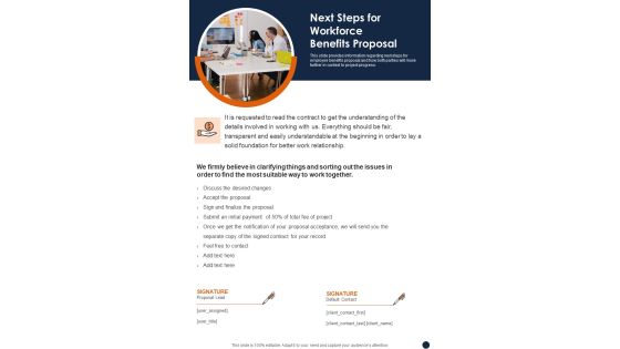Next Steps For Workforce Benefits Proposal One Pager Sample Example Document