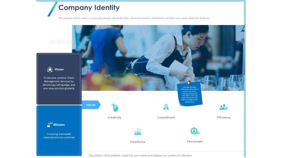 Occasion Planning Firm Overview Company Identity Ppt Slides Examples PDF
