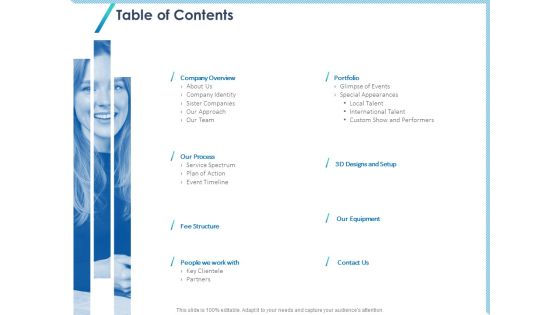 Occasion Planning Firm Overview Table Of Contents Ppt Layouts Mockup PDF