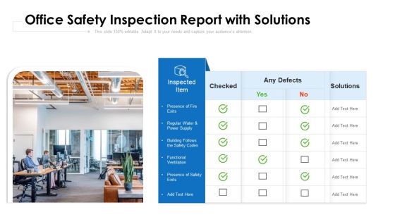 Office Safety Inspection Report With Solutions Ppt PowerPoint Presentation File Samples PDF Office Safety Inspection Report With Solutions Ppt PowerPoint Presentation File Samples PDF