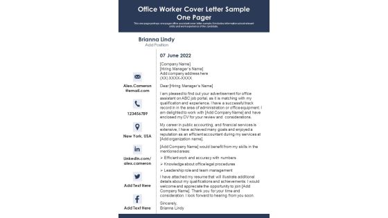 Office Worker Cover Letter Sample One Pager PDF Document PPT Template Office Worker Cover Letter Sample One Pager PDF Document PPT Template