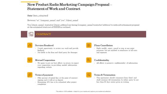 Offline Promotional Strategy For New Product Radio Marketing Campaign Proposal Statement Of Work And Contract Formats PDF Offline Promotional Strategy For New Product Radio Marketing Campaign Proposal Statement Of Work And Contract Formats PDF