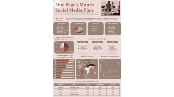 One Page 3 Month Social Media Plan PDF Document PPT Template