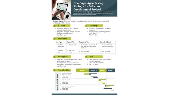One Page Agile Testing Strategy For Software Development Project PDF Document PPT Template