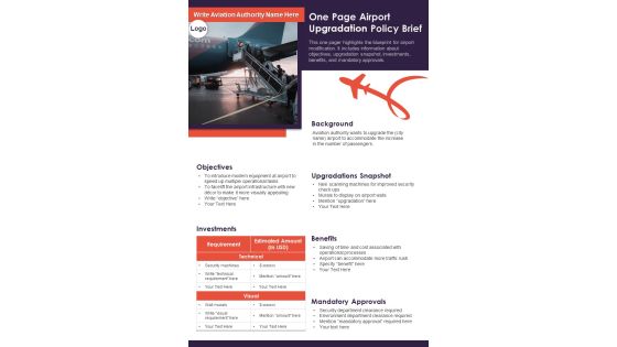 One Page Airport Upgradation Policy Brief PDF Document PPT Template