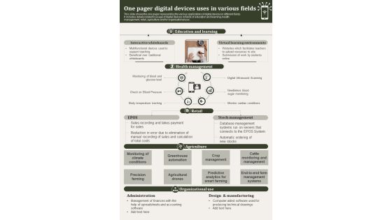 One Page Applications Of Electronic Devices PDF Document PPT Template