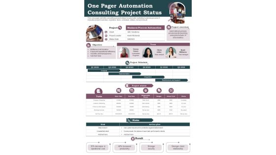 One Page Automation Consulting Project Progress PDF Document PPT Template