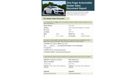 One Page Automobile Dealer Sales Document Report PDF Document PPT Template One Page Automobile Dealer Sales Document Report PDF Document PPT Template
