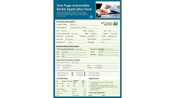 One Page Automobile Rental Application Form PDF Document PPT Template