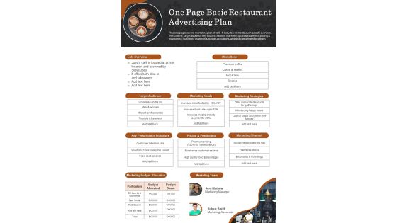 One Page Basic Restaurant Advertising Plan PDF Document PPT Template One Page Basic Restaurant Advertising Plan PDF Document PPT Template