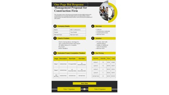 One Page Bid Response Management Proposal For Construction Firm PDF Document PPT Template One Page Bid Response Management Proposal For Construction Firm PDF Document PPT Template