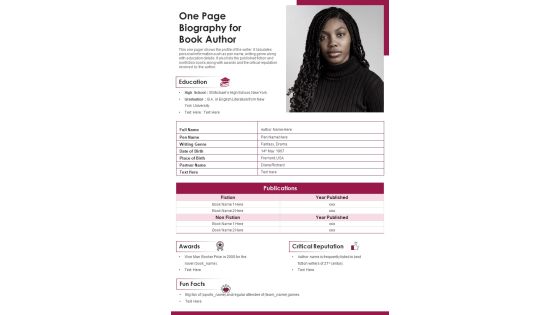 One Page Biography For Book Author PDF Document PPT Template