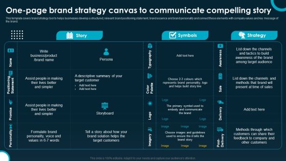 One Page Brand Strategy Canvas To Communicate Compelling Story Background PDF One Page Brand Strategy Canvas To Communicate Compelling Story Background PDF