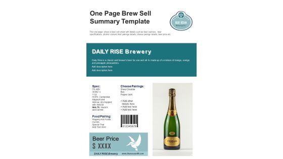 One Page Brew Sell Summary Template PDF Document PPT Template One Page Brew Sell Summary Template PDF Document PPT Template