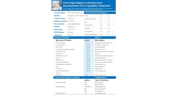 One Page Builder And Infrastructure Development Firm Capability Statement PDF Document PPT Template One Page Builder And Infrastructure Development Firm Capability Statement PDF Document PPT Template