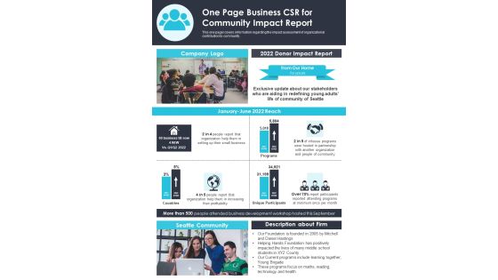 One Page Business CSR For Community Impact Report PDF Document PPT Template
