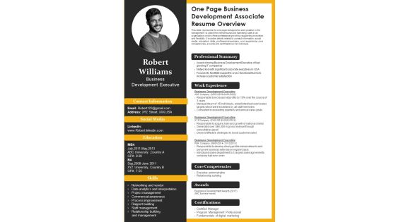One Page Business Development Associate Resume Overview PDF Document PPT Template One Page Business Development Associate Resume Overview PDF Document PPT Template