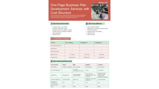 One Page Business Plan Development Services With Cost Structure PDF Document PPT Template One Page Business Plan Development Services With Cost Structure PDF Document PPT Template