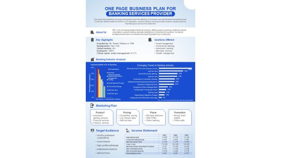 One Page Business Plan For Banking Services Provider PDF Document PPT Template One Page Business Plan For Banking Services Provider PDF Document PPT Template