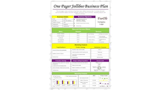 One Page Business Plan For Fast Food Chain Jollibee PDF Document PPT Template One Page Business Plan For Fast Food Chain Jollibee PDF Document PPT Template