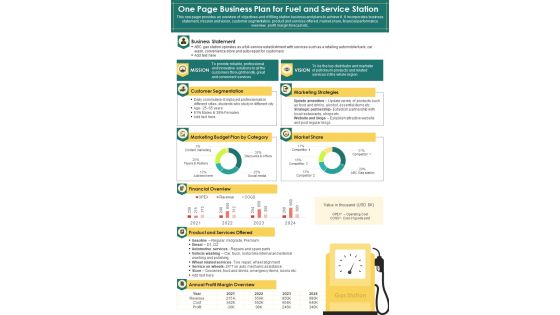 One Page Business Plan For Fuel And Service Station PDF Document PPT Template