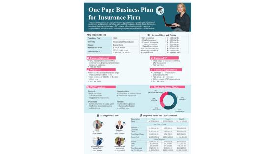 One Page Business Plan For Insurance Firm PDF Document PPT Template One Page Business Plan For Insurance Firm PDF Document PPT Template