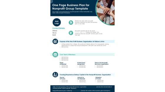 One Page Business Plan For Nonprofit Group Template PDF Document PPT Template