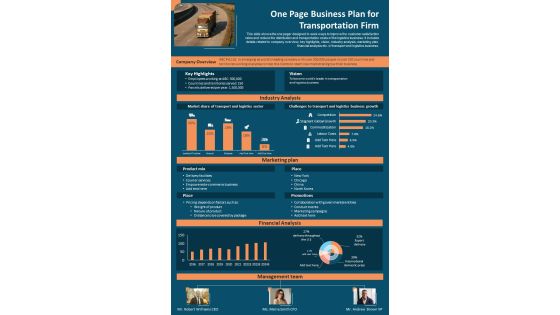 One Page Business Plan For Transportation Firm PDF Document PPT Template