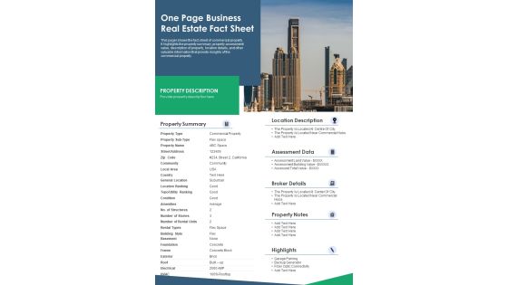 One Page Business Real Estate Fact Sheet PDF Document PPT Template One Page Business Real Estate Fact Sheet PDF Document PPT Template