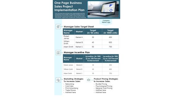 One Page Business Sales Project Implementation Plan PDF Document PPT Template One Page Business Sales Project Implementation Plan PDF Document PPT Template
