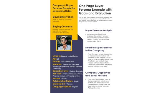 One Page Buyer Persona Example With Goals And Evaluation PDF Document PPT Template One Page Buyer Persona Example With Goals And Evaluation PDF Document PPT Template