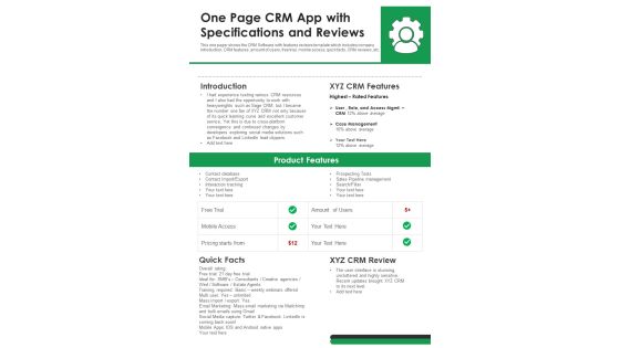 One Page CRM App With Specifications And Reviews PDF Document PPT Template One Page CRM App With Specifications And Reviews PDF Document PPT Template