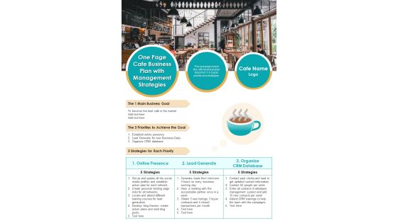 One Page Cafe Business Plan With Management Strategies PDF Document PPT Template One Page Cafe Business Plan With Management Strategies PDF Document PPT Template
