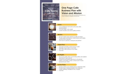One Page Cafe Business Plan With Vision And Mission PDF Document PPT Template One Page Cafe Business Plan With Vision And Mission PDF Document PPT Template