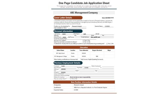 One Page Candidate Job Application Sheet PDF Document PPT Template
