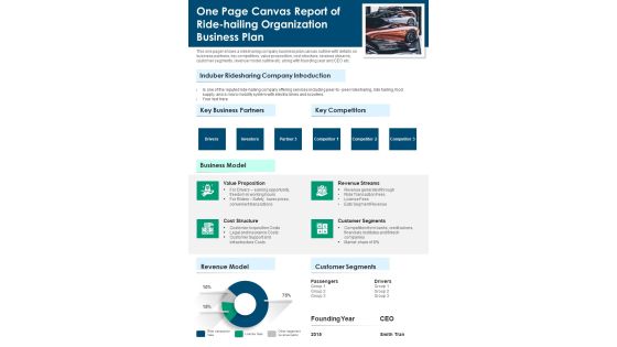 One Page Canvas Report Of Ride Hailing Organization Business Plan PDF Document PPT Template
