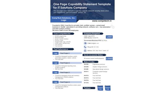 One Page Capability Statement Template For IT Solutions Company PDF Document PPT Template One Page Capability Statement Template For IT Solutions Company PDF Document PPT Template