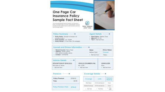 One Page Car Insurance Policy Sample Fact Sheet PDF Document PPT Template One Page Car Insurance Policy Sample Fact Sheet PDF Document PPT Template