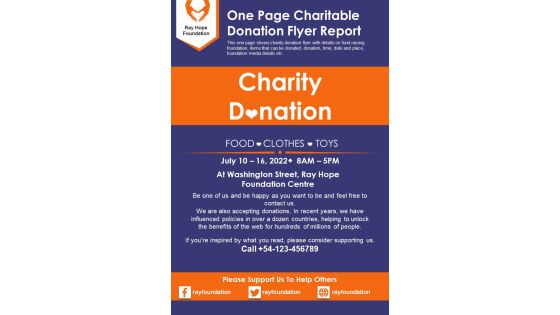 One Page Charitable Donation Flyer Report PDF Document PPT Template One Page Charitable Donation Flyer Report PDF Document PPT Template