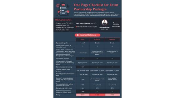 One Page Checklist For Event Partnership Packages PDF Document PPT Template One Page Checklist For Event Partnership Packages PDF Document PPT Template