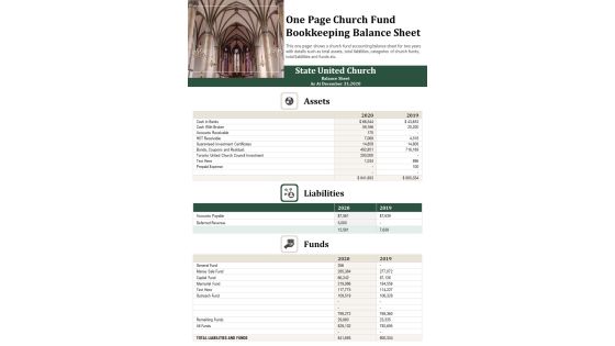 One Page Church Fund Bookkeeping Balance Sheet PDF Document PPT Template One Page Church Fund Bookkeeping Balance Sheet PDF Document PPT Template