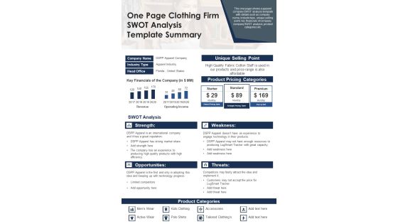 One Page Clothing Firm SWOT Analysis Template Summary PDF Document PPT Template One Page Clothing Firm SWOT Analysis Template Summary PDF Document PPT Template