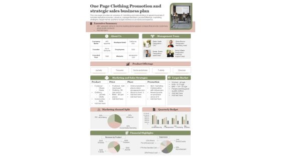 One Page Clothing Promotion And Strategic Sales Business Plan PDF Document PPT Template One Page Clothing Promotion And Strategic Sales Business Plan PDF Document PPT Template